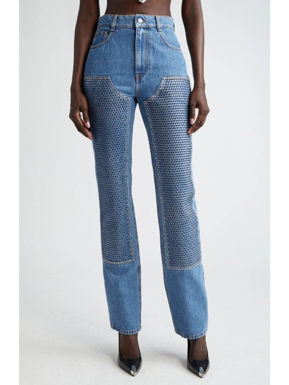 AREA Women's High Waist Crystal Embellished Straight Leg Jeans Indigo Size 27